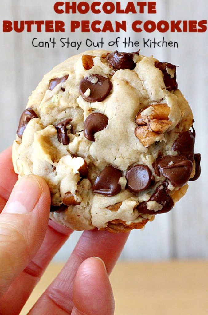 Chocolate Butter Pecan Cookies | Can't Stay Out of the Kitchen | these 5-ingredient #cookies are absolutely irresistible! They're made with #pecans, #ButterPecan #CakeMix & loads of #ChocolateChips. Every bite is rich, decadent & heavenly. #tailgating #dessert #ButterPecanDessert #ChocolateDessert #chocolate #ChristmasCookieExchange #ChocolateButterPecanCookies #baking #ChocolateChipCookies #Holiday #HolidayBaking