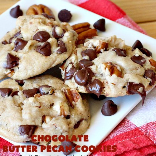 Chocolate Butter Pecan Cookies | Can't Stay Out of the Kitchen | these 5-ingredient #cookies are absolutely irresistible! They're made with #pecans, #ButterPecan #CakeMix & loads of #ChocolateChips. Every bite is rich, decadent & heavenly. #tailgating #dessert #ButterPecanDessert #ChocolateDessert #chocolate #ChristmasCookieExchange #ChocolateButterPecanCookies #baking #ChocolateChipCookies #Holiday #HolidayBaking