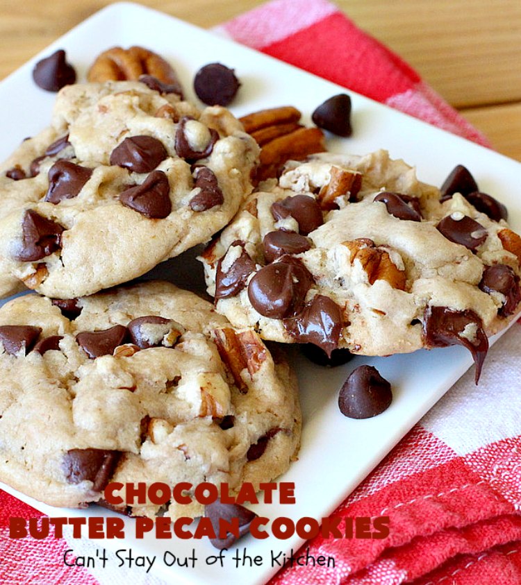 Chocolate Butter Pecan Cookies | Can't Stay Out of the Kitchen | these 5-ingredient #cookies are absolutely irresistible! They're made with #pecans, #ButterPecan #CakeMix & loads of #ChocolateChips. Every bite is rich, decadent & heavenly. #tailgating #dessert #ButterPecanDessert #ChocolateDessert #chocolate #ChristmasCookieExchange #ChocolateButterPecanCookies #baking #ChocolateChipCookies #Holiday #HolidayBaking
