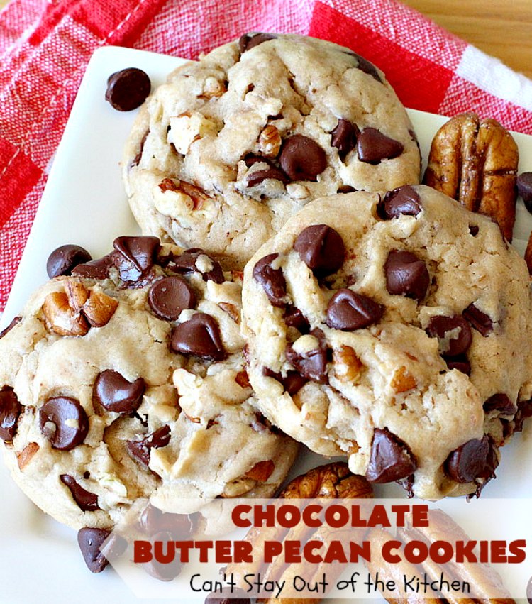 Chocolate Butter Pecan Cookies | Can't Stay Out of the Kitchen | these 5-ingredient #cookies are absolutely irresistible! They're made with #pecans, #ButterPecan #CakeMix & loads of #ChocolateChips. Every bite is rich, decadent & heavenly. #tailgating #dessert #ButterPecanDessert #ChocolateDessert #chocolate #ChristmasCookieExchange #ChocolateButterPecanCookies #baking #ChocolateChipCookies #Holiday #HolidayBaking
