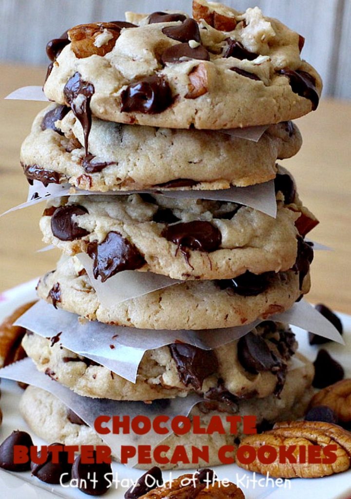 Chocolate Butter Pecan Cookies | Can't Stay Out of the Kitchen | these 5-ingredient #cookies are absolutely irresistible! They're made with #pecans, #ButterPecan #CakeMix & loads of #ChocolateChips. Every bite is rich, decadent & heavenly. #tailgating #dessert #ButterPecanDessert #ChocolateDessert #chocolate #ChristmasCookieExchange #ChocolateButterPecanCookies #baking #ChocolateChipCookies #Holiday #HolidayBaking