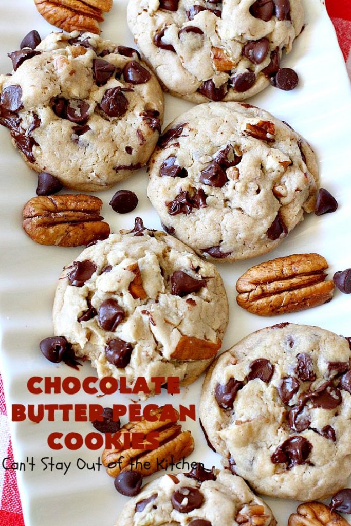 Chocolate Butter Pecan Cookies | Can't Stay Out of the Kitchen | these 5-ingredient #cookies are absolutely irresistible! They're made with #pecans, #ButterPecan #CakeMix & loads of #ChocolateChips. Every bite is rich, decadent & heavenly. #tailgating #dessert #ButterPecanDessert #ChocolateDessert #chocolate #ChristmasCookieExchange #ChocolateButterPecanCookies #baking #ChocolateChipCookies #Holiday #HolidayBaking