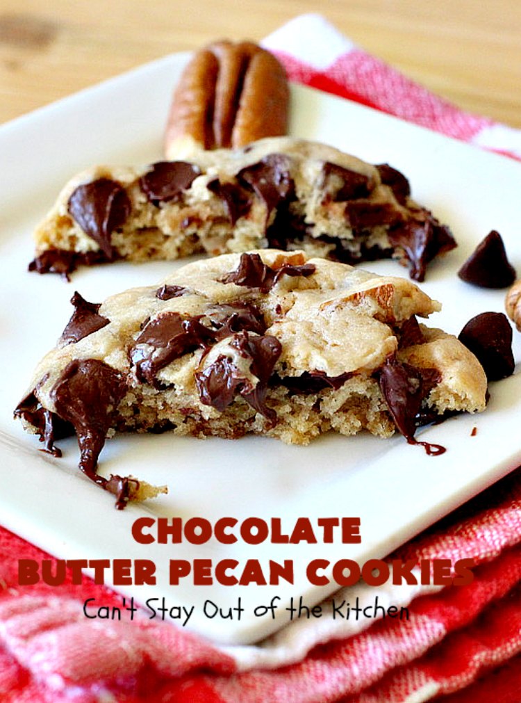 Chocolate Butter Pecan Cookies | Can't Stay Out of the Kitchen | these 5-ingredient #cookies are absolutely irresistible! They're made with #pecans, #ButterPecan #CakeMix & loads of #ChocolateChips. Every bite is rich, decadent & heavenly. #tailgating #dessert #ButterPecanDessert #ChocolateDessert #chocolate #ChristmasCookieExchange #ChocolateButterPecanCookies #baking #ChocolateChipCookies #Holiday #HolidayBaking