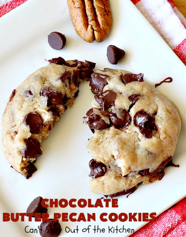 Chocolate Butter Pecan Cookies | Can't Stay Out of the Kitchen | these 5-ingredient #cookies are absolutely irresistible! They're made with #pecans, #ButterPecan #CakeMix & loads of #ChocolateChips. Every bite is rich, decadent & heavenly. #tailgating #dessert #ButterPecanDessert #ChocolateDessert #chocolate #ChristmasCookieExchange #ChocolateButterPecanCookies #baking #ChocolateChipCookies #Holiday #HolidayBaking