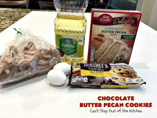 Chocolate Butter Pecan Cookies | Can't Stay Out of the Kitchen | these 5-ingredient #cookies are absolutely irresistible! They're made with #pecans, #ButterPecan #CakeMix & loads of #ChocolateChips. Every bite is rich, decadent & heavenly. #tailgating #dessert #ButterPecanDessert #ChocolateDessert #chocolate #ChristmasCookieExchange #ChocolateButterPecanCookies #baking #ChocolateChipCookies #Holiday #HolidayBaking