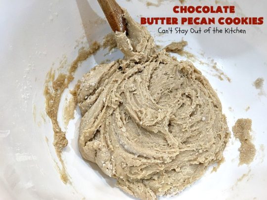 Chocolate Butter Pecan Cookies | Can't Stay Out of the Kitchen | these 5-ingredient #cookies are absolutely irresistible! They're made with #pecans, #ButterPecan #CakeMix & loads of #ChocolateChips. Every bite is rich, decadent & heavenly. #tailgating #dessert #ButterPecanDessert #ChocolateDessert #chocolate #ChristmasCookieExchange #ChocolateButterPecanCookies #baking #ChocolateChipCookies #Holiday #HolidayBaking