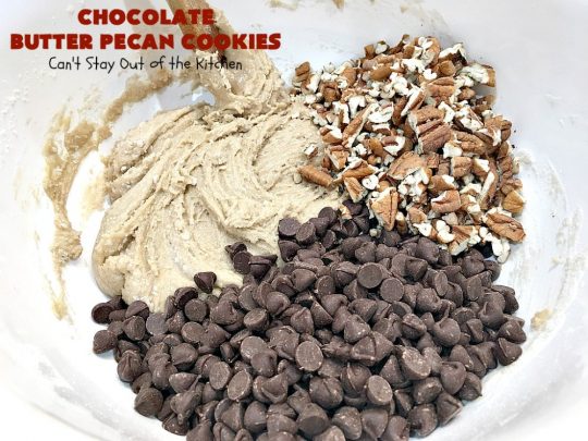 Chocolate Butter Pecan Cookies | Can't Stay Out of the Kitchen | these 5-ingredient #cookies are absolutely irresistible! They're made with #pecans, #ButterPecan #CakeMix & loads of #ChocolateChips. Every bite is rich, decadent & heavenly. #tailgating #dessert #ButterPecanDessert #ChocolateDessert #chocolate #ChristmasCookieExchange #ChocolateButterPecanCookies #baking #ChocolateChipCookies #Holiday #HolidayBaking