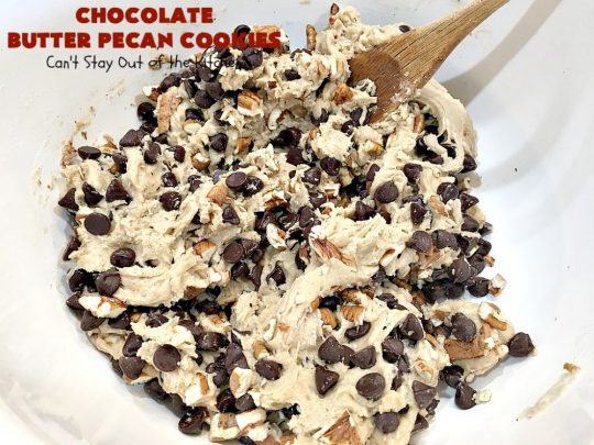 Chocolate Butter Pecan Cookies | Can't Stay Out of the Kitchen | these 5-ingredient #cookies are absolutely irresistible! They're made with #pecans, #ButterPecan #CakeMix & loads of #ChocolateChips. Every bite is rich, decadent & heavenly. #tailgating #dessert #ButterPecanDessert #ChocolateDessert #chocolate #ChristmasCookieExchange #ChocolateButterPecanCookies #baking #ChocolateChipCookies #Holiday #HolidayBaking