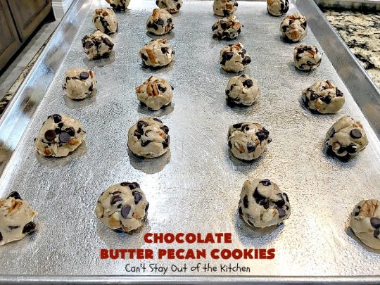 Chocolate Butter Pecan Cookies | Can't Stay Out of the Kitchen | these 5-ingredient #cookies are absolutely irresistible! They're made with #pecans, #ButterPecan #CakeMix & loads of #ChocolateChips. Every bite is rich, decadent & heavenly. #tailgating #dessert #ButterPecanDessert #ChocolateDessert #chocolate #ChristmasCookieExchange #ChocolateButterPecanCookies #baking #ChocolateChipCookies #Holiday #HolidayBaking