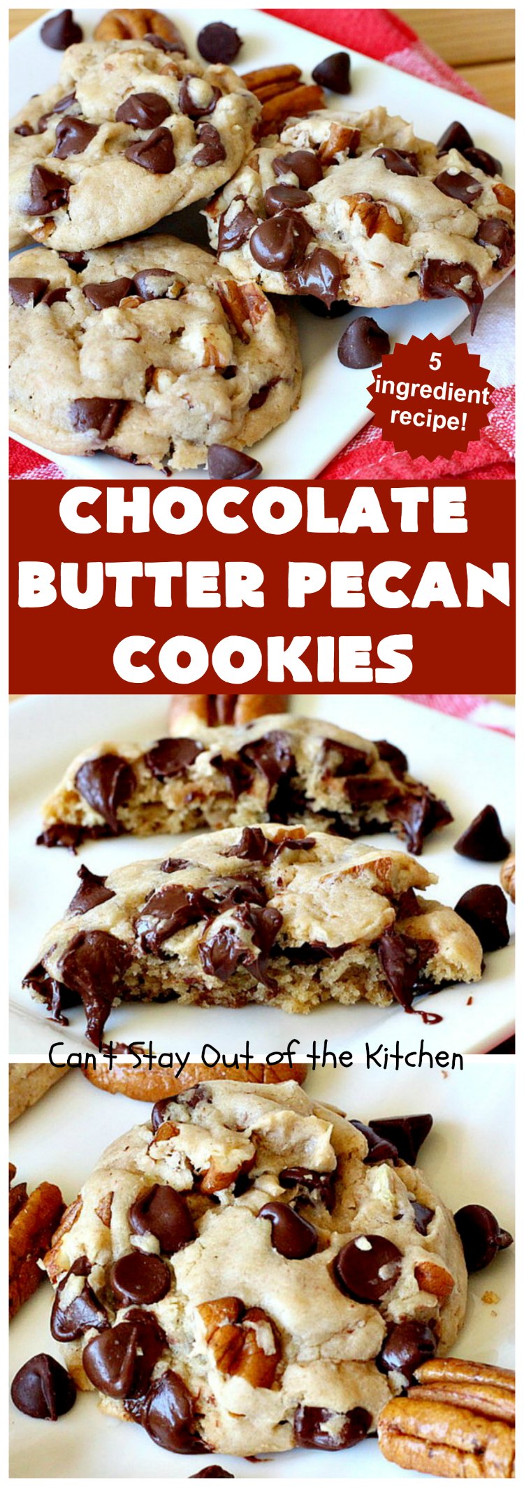 Chocolate Butter Pecan Cookies | Can't Stay Out of the Kitchen | these 5-ingredient #cookies are absolutely irresistible! They're made with #pecans, #ButterPecan #CakeMix & loads of #ChocolateChips. Every bite is rich, decadent & heavenly. #tailgating #dessert #ButterPecanDessert #ChocolateDessert #chocolate #ChristmasCookieExchange #ChocolateButterPecanCookies #baking #ChocolateChipCookies #Holiday #HolidayBaking