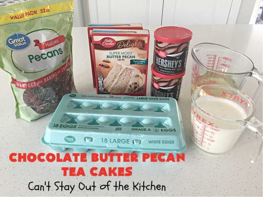 Chocolate Butter Pecan Tea Cakes | Can't Stay Out of the Kitchen | These luscious #TeaCakes include #ButterPecan #CakeMix, #pecans & #ChocolateFrosting in the batter. They're delightful for a #holiday or company #dessert as everyone will swoon over this amazing #ChocolateDessert. #cake #ChocolateButterPecanTeaCakes