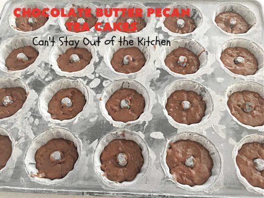 Chocolate Butter Pecan Tea Cakes | Can't Stay Out of the Kitchen | These luscious #TeaCakes include #ButterPecan #CakeMix, #pecans & #ChocolateFrosting in the batter. They're delightful for a #holiday or company #dessert as everyone will swoon over this amazing #ChocolateDessert. #cake #ChocolateButterPecanTeaCakes