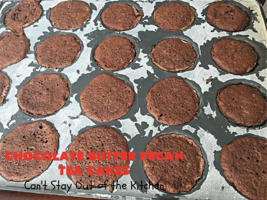 Chocolate Butter Pecan Tea Cakes | Can't Stay Out of the Kitchen | These luscious #TeaCakes include #ButterPecan #CakeMix, #pecans & #ChocolateFrosting in the batter. They're delightful for a #holiday or company #dessert as everyone will swoon over this amazing #ChocolateDessert. #cake #ChocolateButterPecanTeaCakes