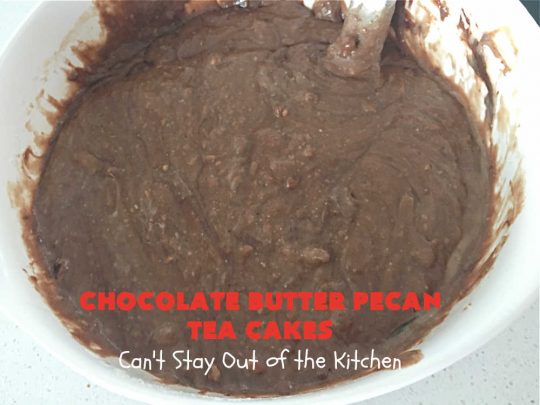 Chocolate Butter Pecan Tea Cakes | Can't Stay Out of the Kitchen | These luscious #TeaCakes include #ButterPecan #CakeMix, #pecans & #ChocolateFrosting in the batter. They're delightful for a #holiday or company #dessert as everyone will swoon over this amazing #ChocolateDessert. #cake #ChocolateButterPecanTeaCakes