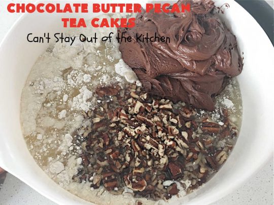 Chocolate Butter Pecan Tea Cakes | Can't Stay Out of the Kitchen | These luscious #TeaCakes include #ButterPecan #CakeMix, #pecans & #ChocolateFrosting in the batter. They're delightful for a #holiday or company #dessert as everyone will swoon over this amazing #ChocolateDessert. #cake #ChocolateButterPecanTeaCakes