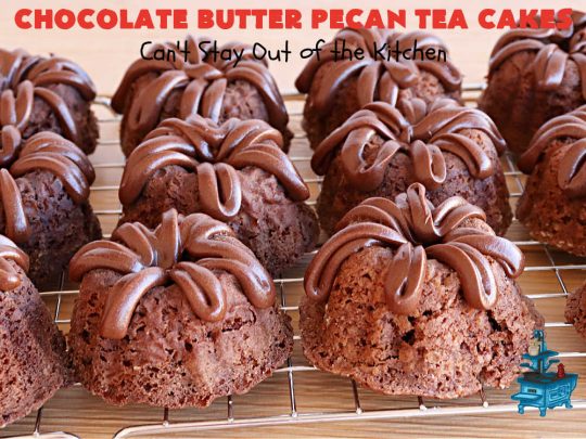 Chocolate Butter Pecan Tea Cakes | Can't Stay Out of the Kitchen | These luscious #TeaCakes include #ButterPecan #CakeMix, #pecans & #ChocolateFrosting in the batter. They're delightful for a #holiday or company #dessert as everyone will swoon over this amazing #ChocolateDessert. #cake #ChocolateButterPecanTeaCakes