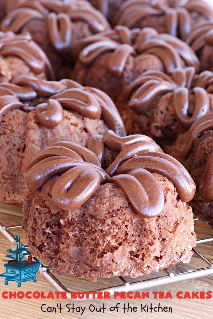 Chocolate Butter Pecan Tea Cakes | Can't Stay Out of the Kitchen | These luscious #TeaCakes include #ButterPecan #CakeMix, #pecans & #ChocolateFrosting in the batter. They're delightful for a #holiday or company #dessert as everyone will swoon over this amazing #ChocolateDessert. #cake #ChocolateButterPecanTeaCakes