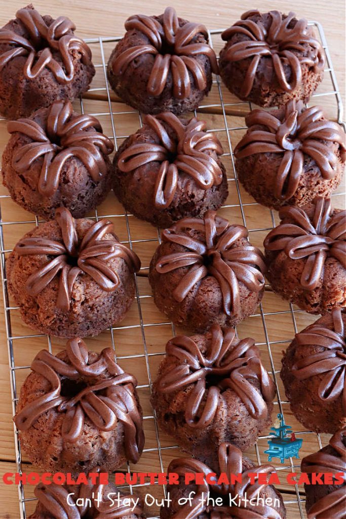 Chocolate Butter Pecan Tea Cakes | Can't Stay Out of the Kitchen | These luscious #TeaCakes include #ButterPecan #CakeMix, #pecans & #ChocolateFrosting in the batter. They're delightful for a #holiday or company #dessert as everyone will swoon over this amazing #ChocolateDessert. #cake #ChocolateButterPecanTeaCakes
