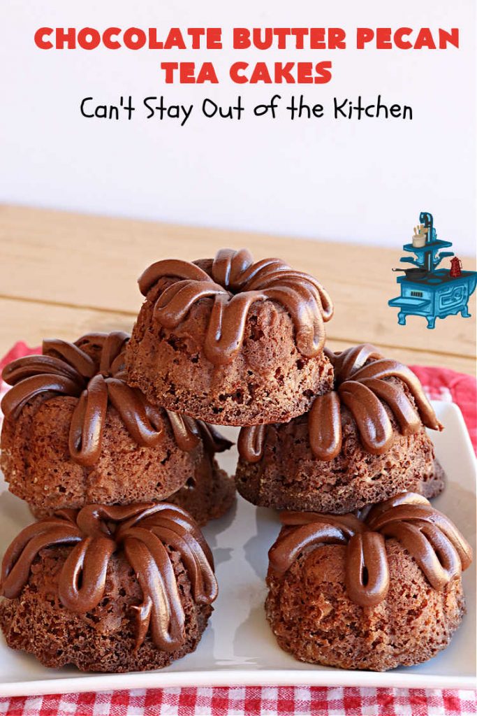 Chocolate Butter Pecan Tea Cakes | Can't Stay Out of the Kitchen | These luscious #TeaCakes include #ButterPecan #CakeMix, #pecans & #ChocolateFrosting in the batter. They're delightful for a #holiday or company #dessert as everyone will swoon over this amazing #ChocolateDessert. #cake #ChocolateButterPecanTeaCakes