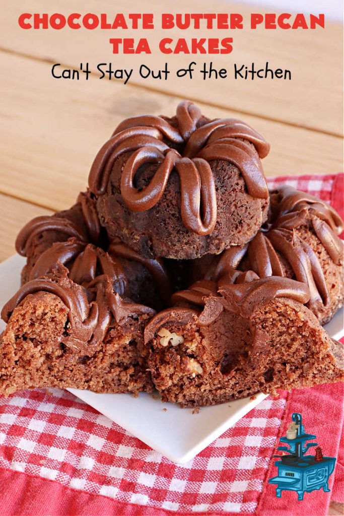 Chocolate Butter Pecan Tea Cakes | Can't Stay Out of the Kitchen | These luscious #TeaCakes include #ButterPecan #CakeMix, #pecans & #ChocolateFrosting in the batter. They're delightful for a #holiday or company #dessert as everyone will swoon over this amazing #ChocolateDessert. #cake #ChocolateButterPecanTeaCakes