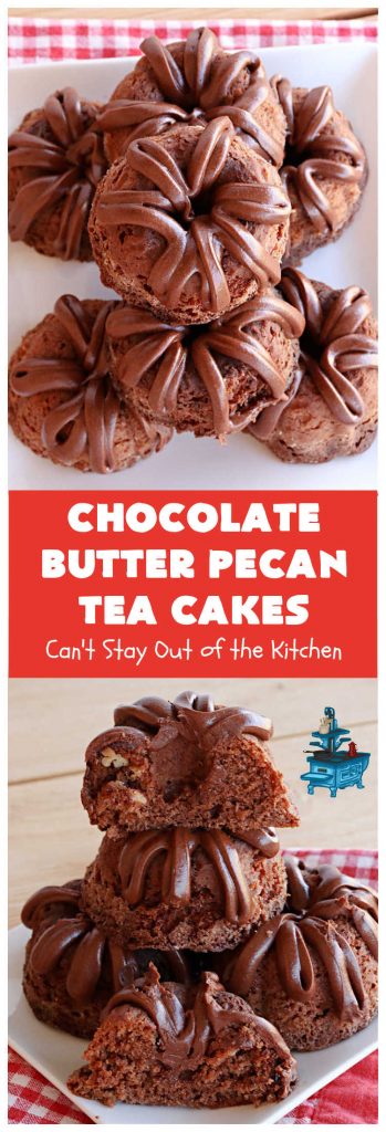 Chocolate Butter Pecan Tea Cakes | Can't Stay Out of the Kitchen | These luscious #TeaCakes include #ButterPecan #CakeMix, #pecans & #ChocolateFrosting in the batter. They're delightful for a #holiday or company #dessert as everyone will swoon over this amazing #ChocolateDessert. #cake #ChocolateButterPecanTeaCakes