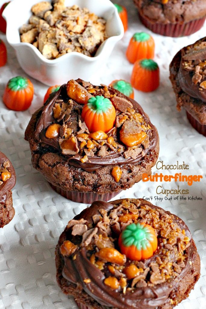 Chocolate Butterfinger Cupcakes | Can't Stay Out of the Kitchen | these fantastic #chocolate #cupcakes are filled with #ButterfingerBites and spread with #Hershey's dark roast chocolate frosting then they're sprinkled with more #butterfinger deliciousness on top! #dessert