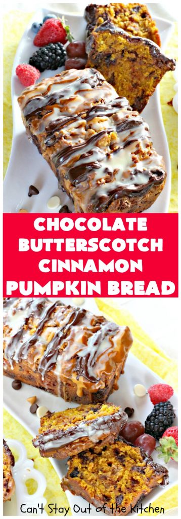 Chocolate Butterscotch Cinnamon Pumpkin Bread | Can't Stay Out of the Kitchen | this outrageous #pumpkin #bread includes #chocolate, white chocolate, #butterscotch & #cinnamon chips. It's iced with all four flavors too. Perfect bread for #fall #baking or #Thanksgiving.