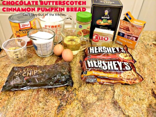 Chocolate Butterscotch Cinnamon Pumpkin Bread | Can't Stay Out of the Kitchen | this outrageous #pumpkin #bread includes #chocolate, white chocolate, #butterscotch & #cinnamon chips. It's iced with all four flavors too. Perfect bread for #fall #baking or #Thanksgiving.