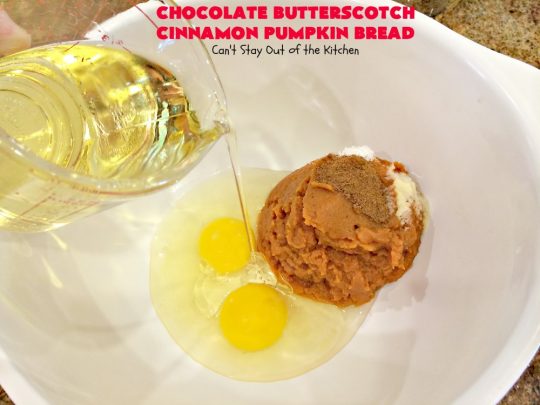 Chocolate Butterscotch Cinnamon Pumpkin Bread | Can't Stay Out of the Kitchen | this outrageous #pumpkin #bread includes #chocolate, white chocolate, #butterscotch & #cinnamon chips. It's iced with all four flavors too. Perfect bread for #fall #baking or #Thanksgiving.