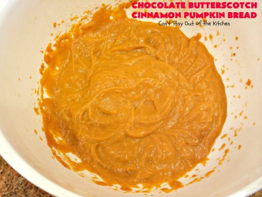 Chocolate Butterscotch Cinnamon Pumpkin Bread | Can't Stay Out of the Kitchen | this outrageous #pumpkin #bread includes #chocolate, white chocolate, #butterscotch & #cinnamon chips. It's iced with all four flavors too. Perfect bread for #fall #baking or #Thanksgiving.