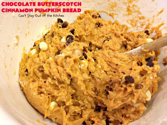 Chocolate Butterscotch Cinnamon Pumpkin Bread | Can't Stay Out of the Kitchen | this outrageous #pumpkin #bread includes #chocolate, white chocolate, #butterscotch & #cinnamon chips. It's iced with all four flavors too. Perfect bread for #fall #baking or #Thanksgiving.