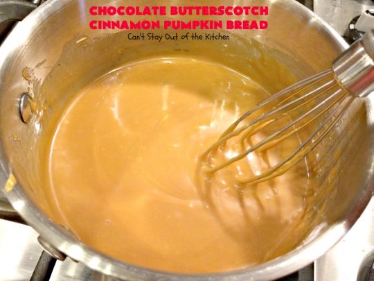 Chocolate Butterscotch Cinnamon Pumpkin Bread | Can't Stay Out of the Kitchen | this outrageous #pumpkin #bread includes #chocolate, white chocolate, #butterscotch & #cinnamon chips. It's iced with all four flavors too. Perfect bread for #fall #baking or #Thanksgiving.