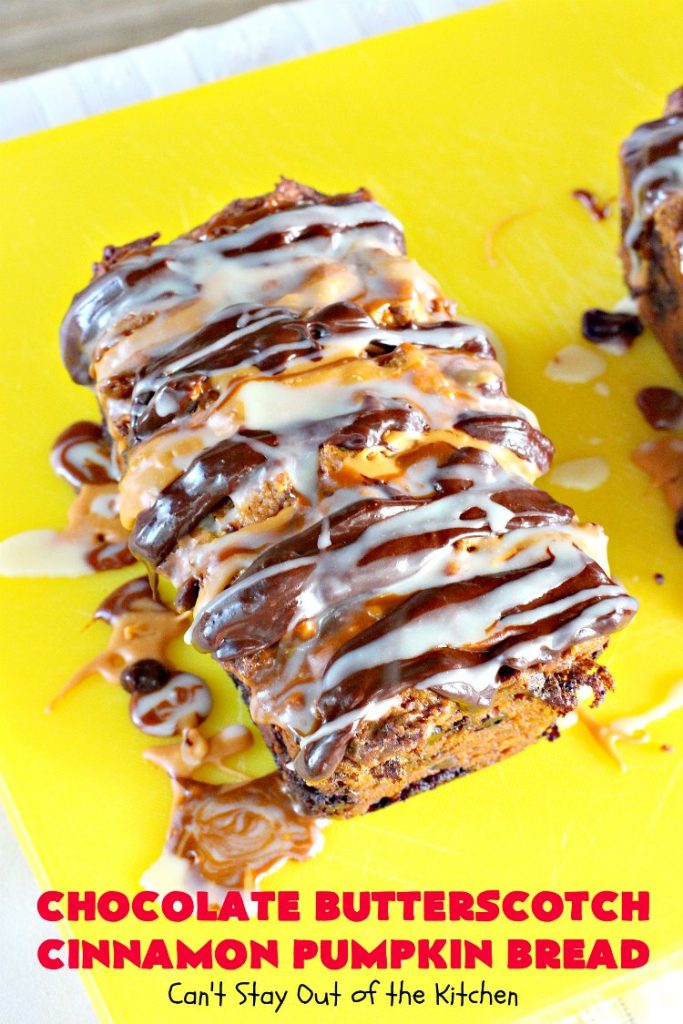 Chocolate Butterscotch Cinnamon Pumpkin Bread | Can't Stay Out of the Kitchen | this outrageous #pumpkin #bread includes #chocolate, white chocolate, #butterscotch & #cinnamon chips. It's iced with all four flavors too. Perfect bread for #fall #baking or #Thanksgiving.