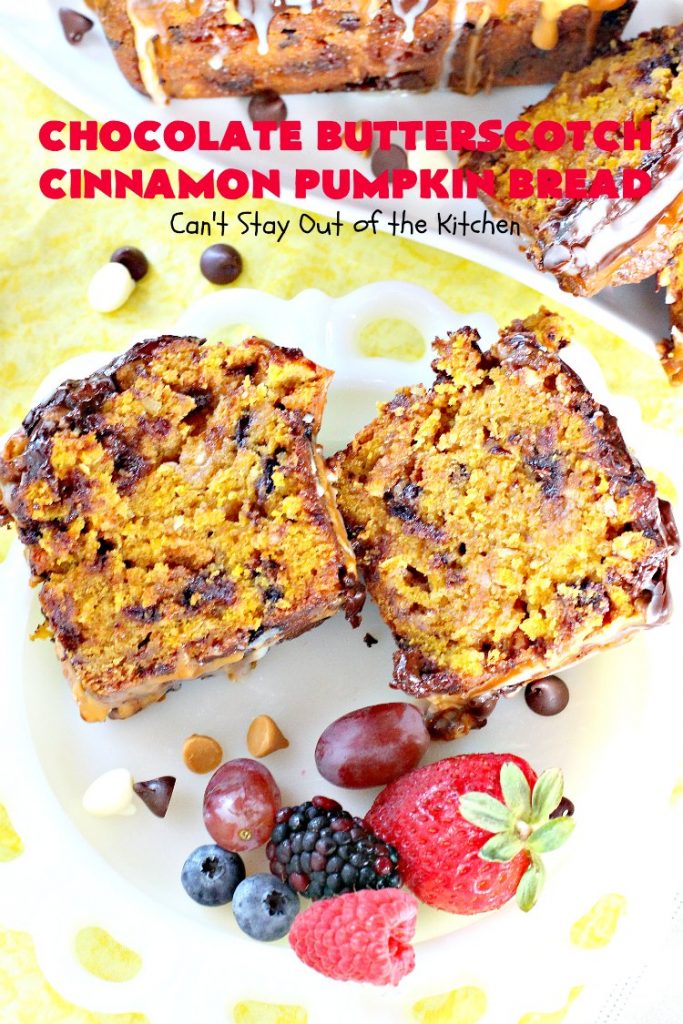 Chocolate Butterscotch Cinnamon Pumpkin Bread | Can't Stay Out of the Kitchen | this outrageous #pumpkin #bread includes #chocolate, white chocolate, #butterscotch & #cinnamon chips. It's iced with all four flavors too. Perfect bread for #fall #baking or #Thanksgiving.