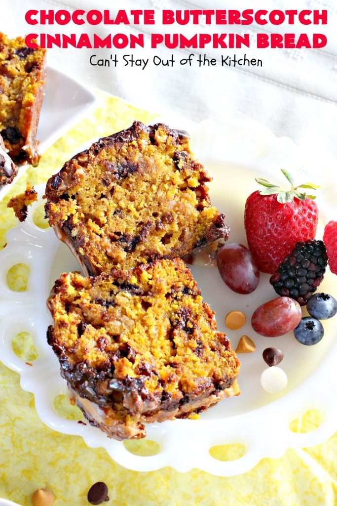 Chocolate Butterscotch Cinnamon Pumpkin Bread | Can't Stay Out of the Kitchen | this outrageous #pumpkin #bread includes #chocolate, white chocolate, #butterscotch & #cinnamon chips. It's iced with all four flavors too. Perfect bread for #fall #baking or #Thanksgiving.