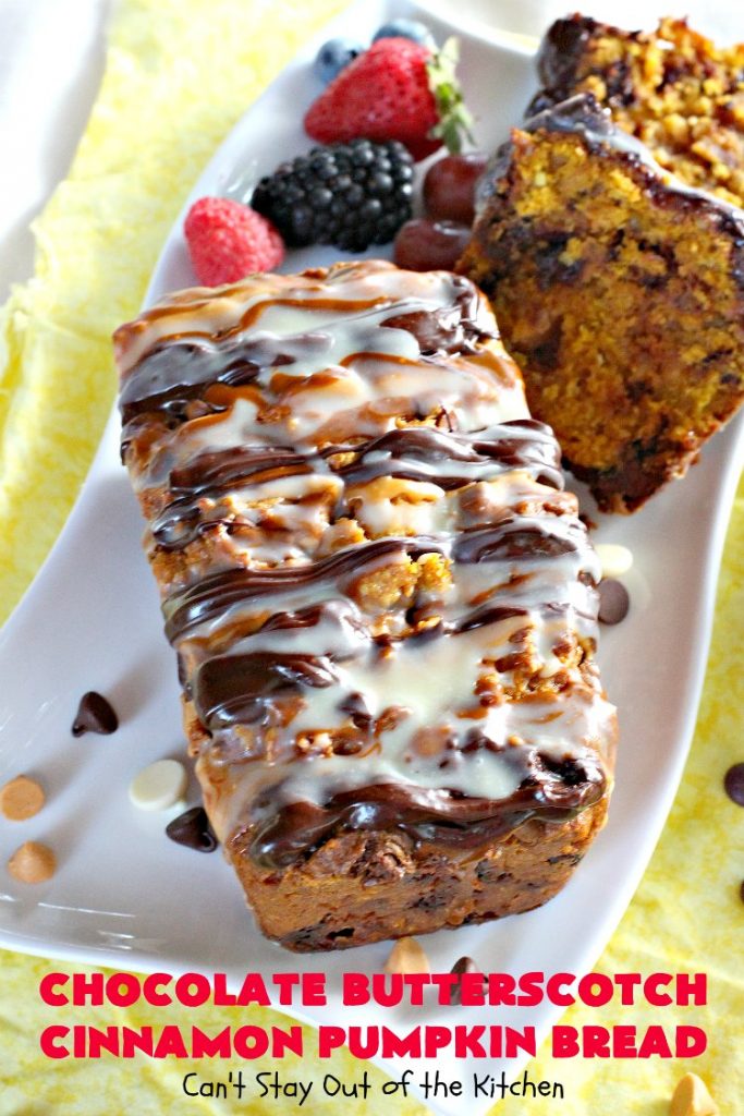 Chocolate Butterscotch Cinnamon Pumpkin Bread | Can't Stay Out of the Kitchen | this outrageous #pumpkin #bread includes #chocolate, white chocolate, #butterscotch & #cinnamon chips. It's iced with all four flavors too. Perfect bread for #fall #baking or #Thanksgiving.