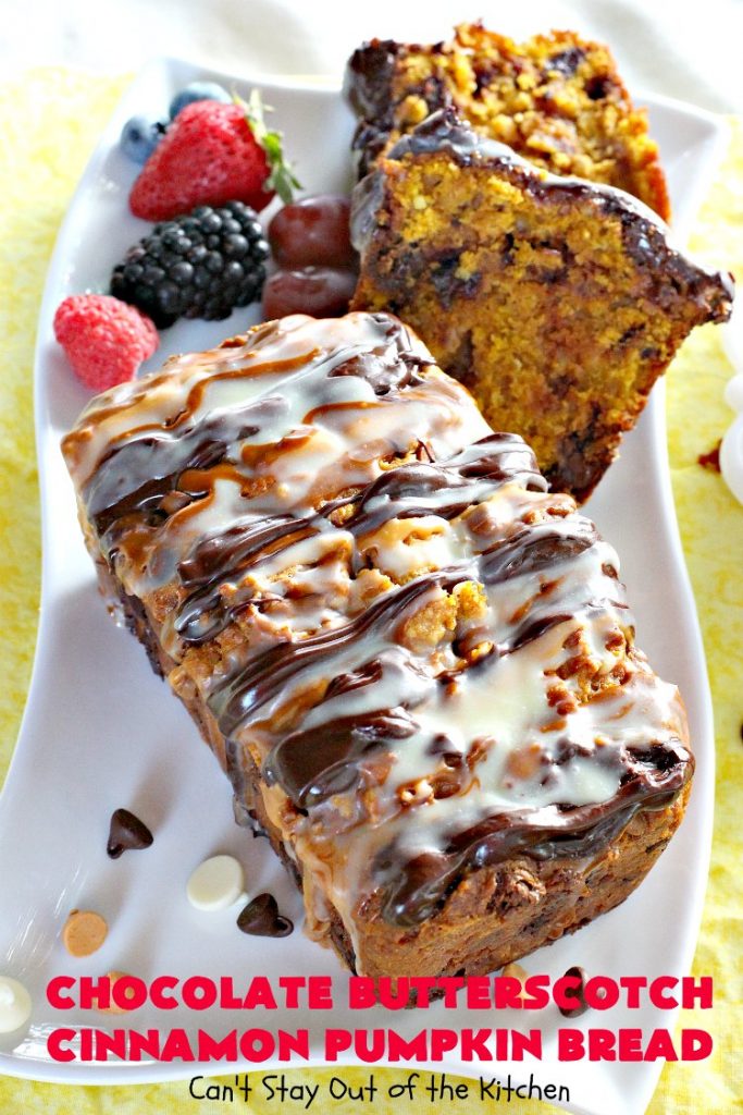 Chocolate Butterscotch Cinnamon Pumpkin Bread | Can't Stay Out of the Kitchen | this outrageous #pumpkin #bread includes #chocolate, white chocolate, #butterscotch & #cinnamon chips. It's iced with all four flavors too. Perfect bread for #fall #baking or #Thanksgiving.