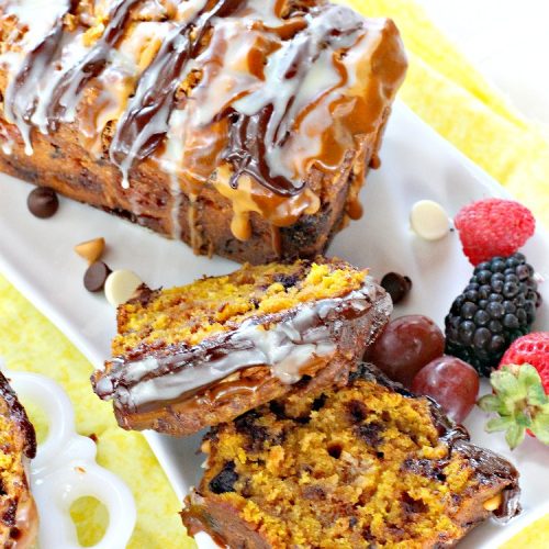 Chocolate Butterscotch Cinnamon Pumpkin Bread | Can't Stay Out of the Kitchen | this outrageous #pumpkin #bread includes #chocolate, white chocolate, #butterscotch & #cinnamon chips. It's iced with all four flavors too. Perfect bread for #fall #baking or #Thanksgiving.