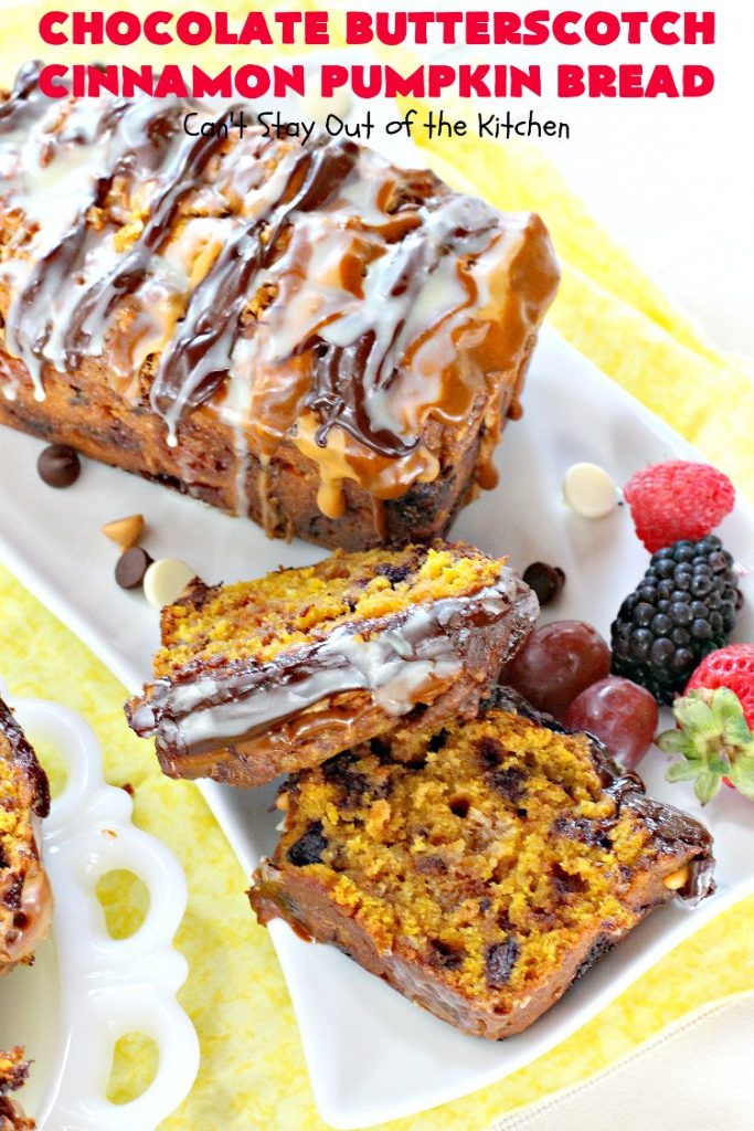 Chocolate Butterscotch Cinnamon Pumpkin Bread | Can't Stay Out of the Kitchen | this outrageous #pumpkin #bread includes #chocolate, white chocolate, #butterscotch & #cinnamon chips. It's iced with all four flavors too. Perfect bread for #fall #baking or #Thanksgiving.