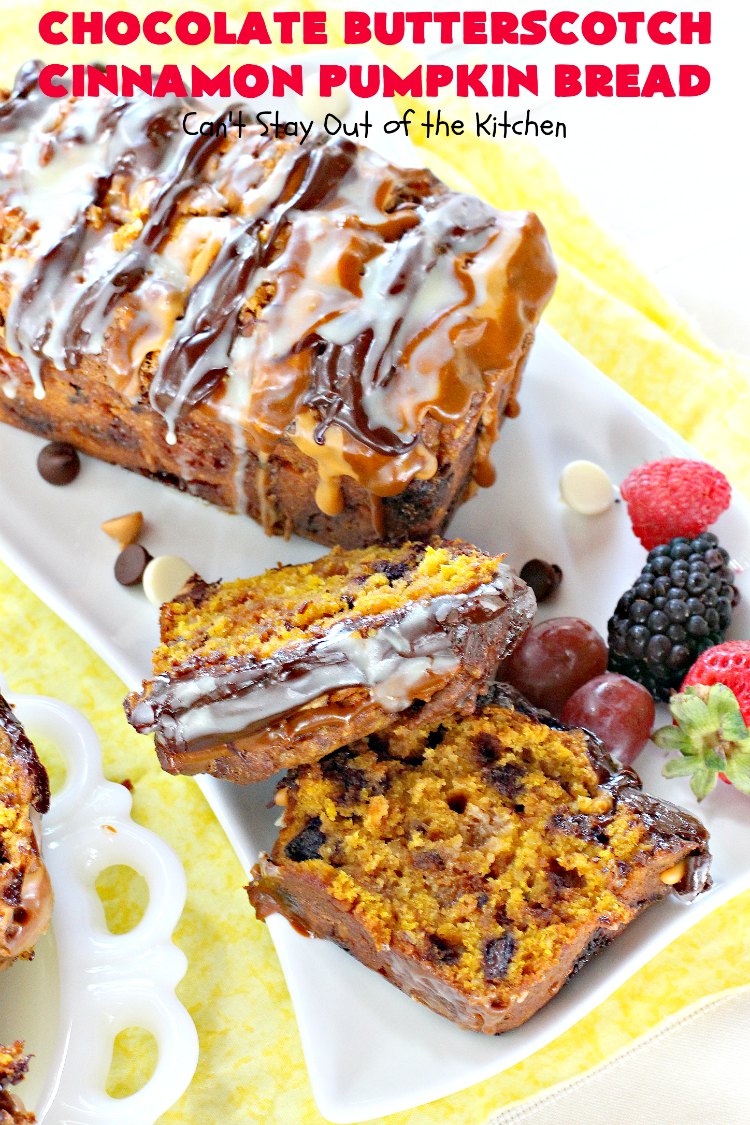 Chocolate Butterscotch Cinnamon Pumpkin Bread | Can't Stay Out of the Kitchen | this outrageous #pumpkin #bread includes #chocolate, white chocolate, #butterscotch & #cinnamon chips. It's iced with all four flavors too. Perfect bread for #fall #baking or #Thanksgiving.