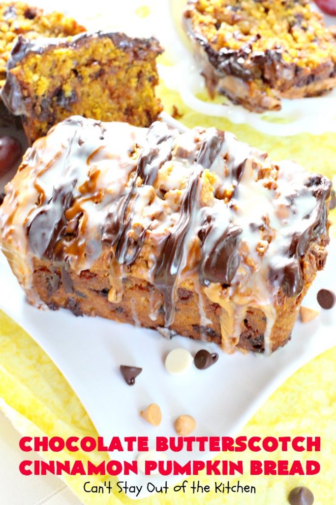 Chocolate Butterscotch Cinnamon Pumpkin Bread | Can't Stay Out of the Kitchen | this outrageous #pumpkin #bread includes #chocolate, white chocolate, #butterscotch & #cinnamon chips. It's iced with all four flavors too. Perfect bread for #fall #baking or #Thanksgiving.