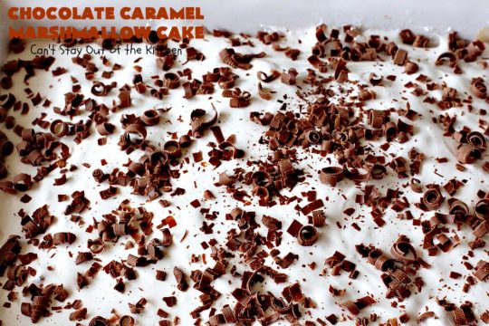 Chocolate Caramel Marshmallow Cake | this spectacular #chocolate #cake has a #caramel-like #praline filling & #marshmallow frosting. It's to die for! Terrific for company &  #holidays like #MothersDay or #FathersDay. #toffee #ChocolateCake #HolidayDessert #MothersDayDessert #FathersDayDessert #ChocolateCaramelMarshmallowCake #ChocolateDessert #CaramelDessert #ToffeeDessert #MarshmallowDessert