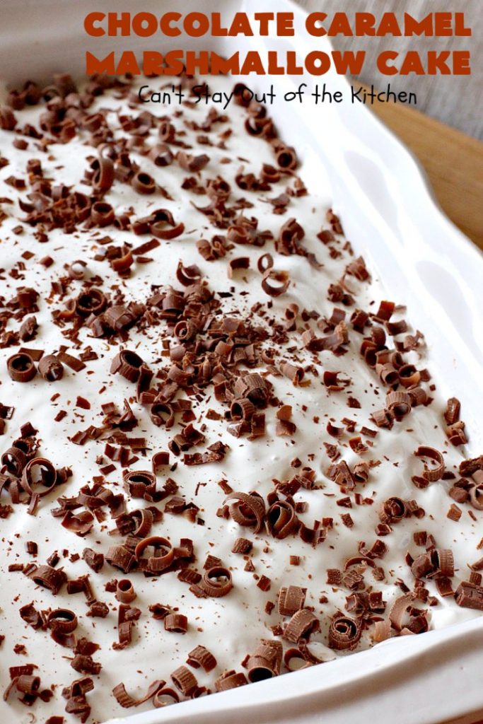 Chocolate Caramel Marshmallow Cake | this spectacular #chocolate #cake has a #caramel-like #praline filling & #marshmallow frosting. It's to die for! Terrific for company &  #holidays like #MothersDay or #FathersDay. #toffee #ChocolateCake #HolidayDessert #MothersDayDessert #FathersDayDessert #ChocolateCaramelMarshmallowCake #ChocolateDessert #CaramelDessert #ToffeeDessert #MarshmallowDessert