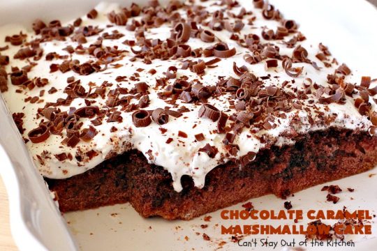 Chocolate Caramel Marshmallow Cake | this spectacular #chocolate #cake has a #caramel-like #praline filling & #marshmallow frosting. It's to die for! Terrific for company &  #holidays like #MothersDay or #FathersDay. #toffee #ChocolateCake #HolidayDessert #MothersDayDessert #FathersDayDessert #ChocolateCaramelMarshmallowCake #ChocolateDessert #CaramelDessert #ToffeeDessert #MarshmallowDessert