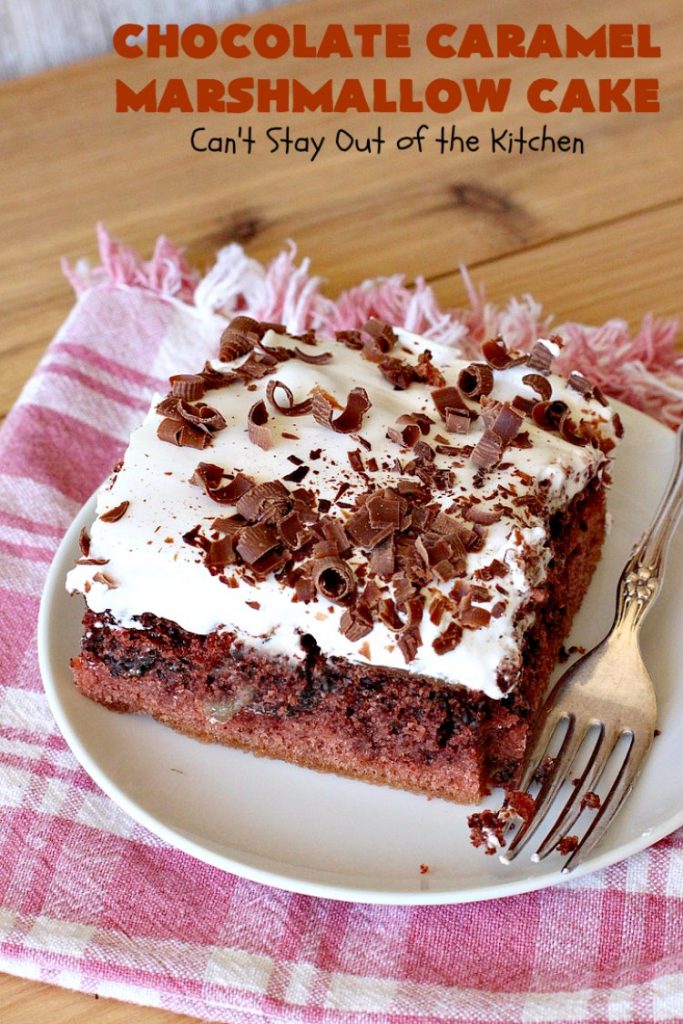 Chocolate Caramel Marshmallow Cake | this spectacular #chocolate #cake has a #caramel-like #praline filling & #marshmallow frosting. It's to die for! Terrific for company &  #holidays like #MothersDay or #FathersDay. #toffee #ChocolateCake #HolidayDessert #MothersDayDessert #FathersDayDessert #ChocolateCaramelMarshmallowCake #ChocolateDessert #CaramelDessert #ToffeeDessert #MarshmallowDessert