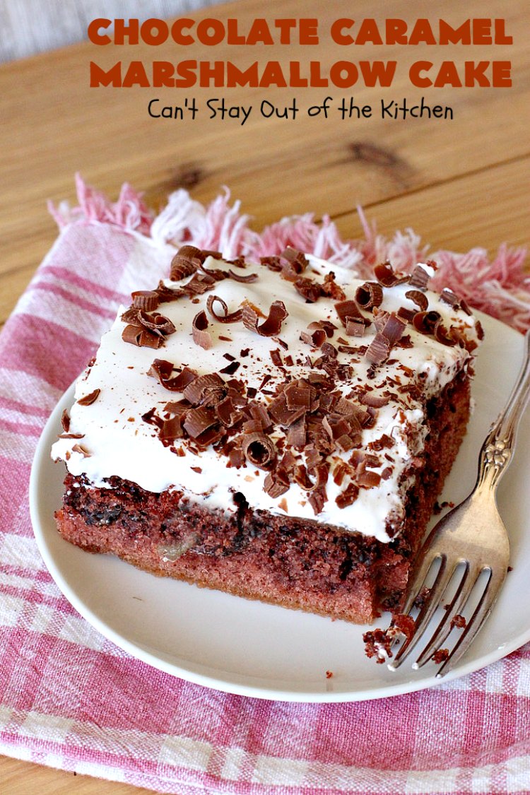 Chocolate Caramel Marshmallow Cake | this spectacular #chocolate #cake has a #caramel-like #praline filling & #marshmallow frosting. It's to die for! Terrific for company & #holidays like #MothersDay or #FathersDay. #toffee #ChocolateCake #HolidayDessert #MothersDayDessert #FathersDayDessert #ChocolateCaramelMarshmallowCake #ChocolateDessert #CaramelDessert #ToffeeDessert #MarshmallowDessert