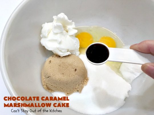 Chocolate Caramel Marshmallow Cake | this spectacular #chocolate #cake has a #caramel-like #praline filling & #marshmallow frosting. It's to die for! Terrific for company &  #holidays like #MothersDay or #FathersDay. #toffee #ChocolateCake #HolidayDessert #MothersDayDessert #FathersDayDessert #ChocolateCaramelMarshmallowCake #ChocolateDessert #CaramelDessert #ToffeeDessert #MarshmallowDessert