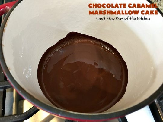 Chocolate Caramel Marshmallow Cake | this spectacular #chocolate #cake has a #caramel-like #praline filling & #marshmallow frosting. It's to die for! Terrific for company &  #holidays like #MothersDay or #FathersDay. #toffee #ChocolateCake #HolidayDessert #MothersDayDessert #FathersDayDessert #ChocolateCaramelMarshmallowCake #ChocolateDessert #CaramelDessert #ToffeeDessert #MarshmallowDessert