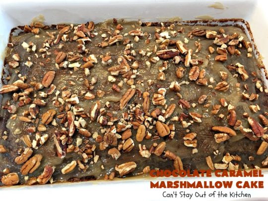 Chocolate Caramel Marshmallow Cake | this spectacular #chocolate #cake has a #caramel-like #praline filling & #marshmallow frosting. It's to die for! Terrific for company &  #holidays like #MothersDay or #FathersDay. #toffee #ChocolateCake #HolidayDessert #MothersDayDessert #FathersDayDessert #ChocolateCaramelMarshmallowCake #ChocolateDessert #CaramelDessert #ToffeeDessert #MarshmallowDessert