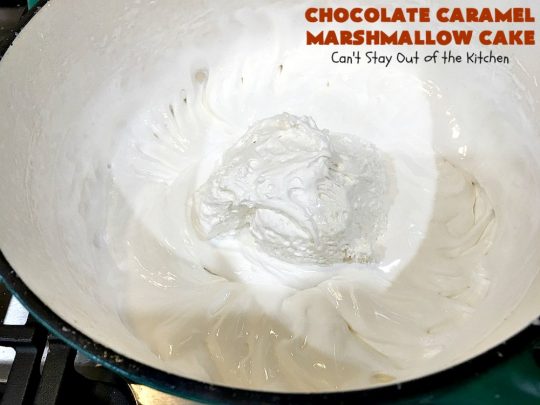 Chocolate Caramel Marshmallow Cake | this spectacular #chocolate #cake has a #caramel-like #praline filling & #marshmallow frosting. It's to die for! Terrific for company &  #holidays like #MothersDay or #FathersDay. #toffee #ChocolateCake #HolidayDessert #MothersDayDessert #FathersDayDessert #ChocolateCaramelMarshmallowCake #ChocolateDessert #CaramelDessert #ToffeeDessert #MarshmallowDessert